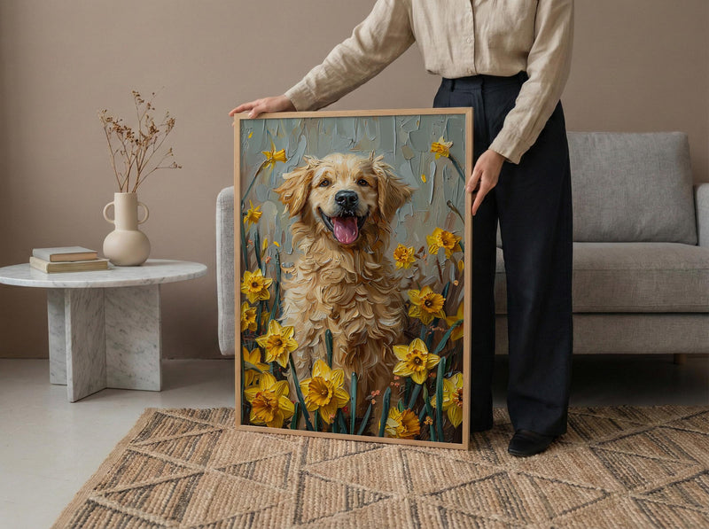 Puppy Daffodil Nursery Art Print, Spring Golden Retriever - Baby Shower Gift