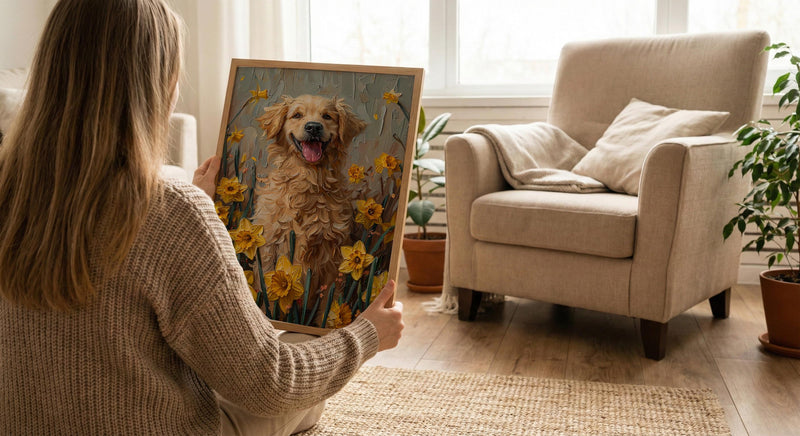 Puppy Daffodil Nursery Art Print, Spring Golden Retriever - Baby Shower Gift
