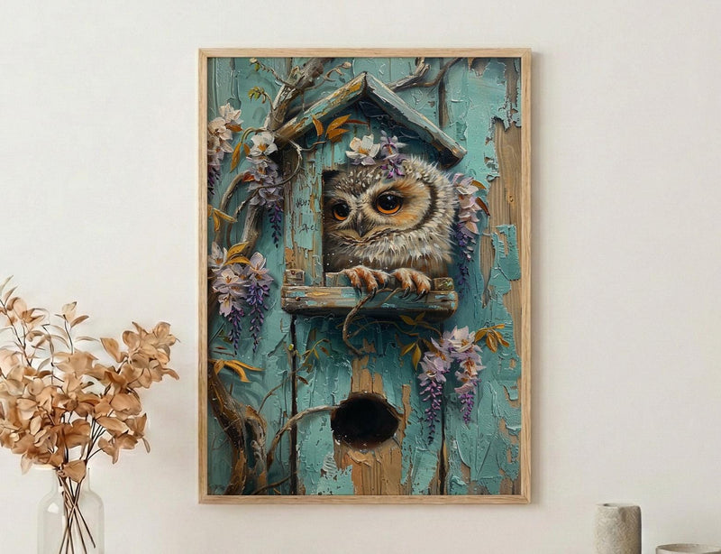 Baby Owl Nursery Wall Art, Purple Wisteria Spring Decor - Palette Knife Painting Style