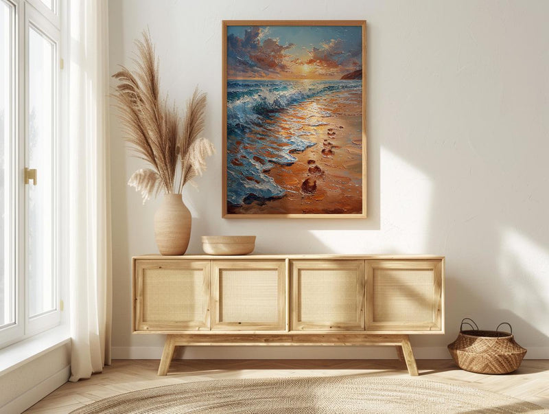 Beach Footprints Poster, Romantic Ocean Print - Palette Knife Painting Style