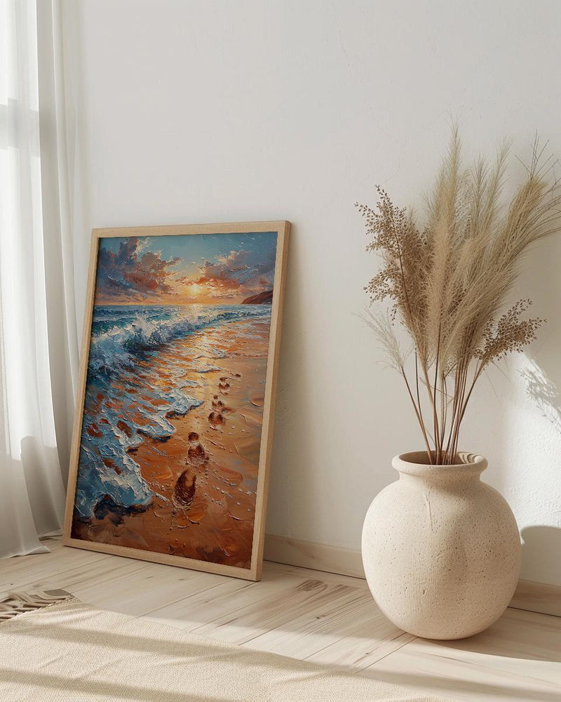 Beach Footprints Poster, Romantic Ocean Print - Palette Knife Painting Style