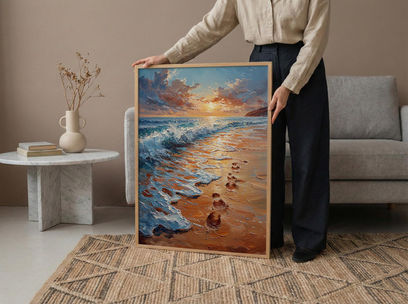 Beach Footprints Poster, Romantic Ocean Print - Palette Knife Painting Style