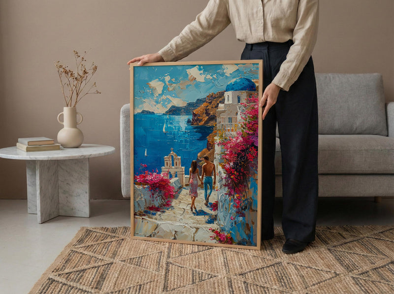 Santorini Honeymoon Art Print, Greek Coastal Decor - Honeymoon Gift