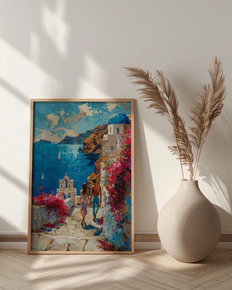 Santorini Honeymoon Art Print, Greek Coastal Decor - Honeymoon Gift