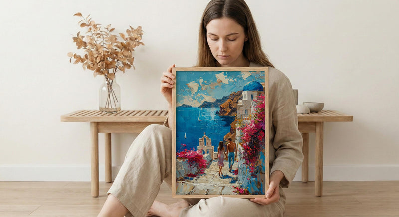 Santorini Honeymoon Art Print, Greek Coastal Decor - Honeymoon Gift