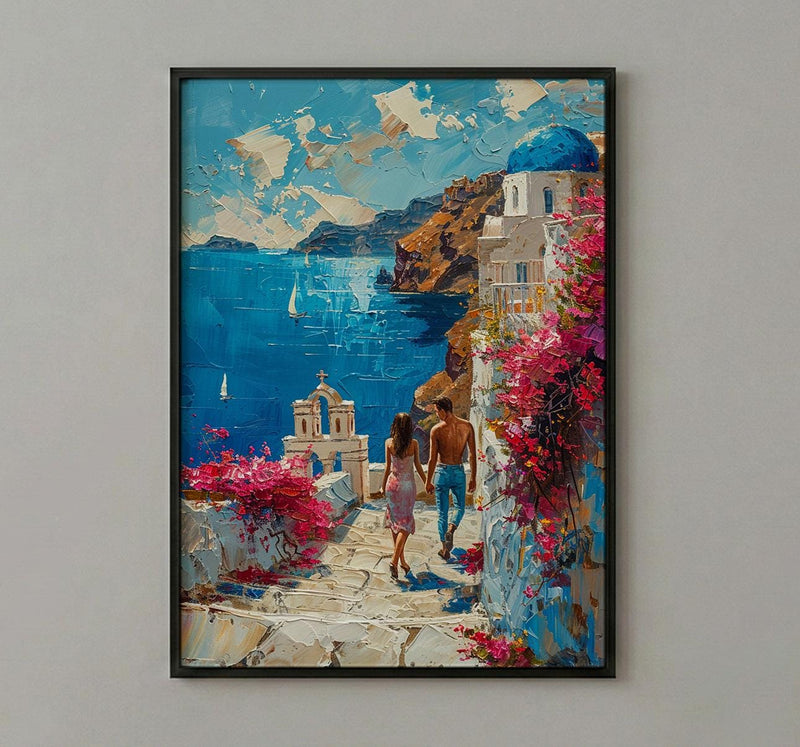 Santorini Honeymoon Art Print, Greek Coastal Decor - Honeymoon Gift
