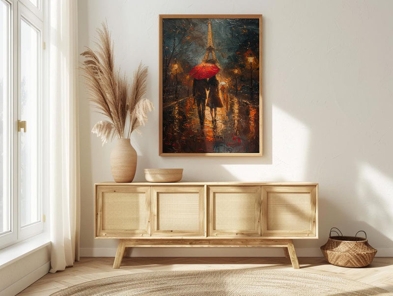 Paris Rainy Evening Poster, Red Umbrella Art - Anniversary Gift