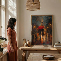 Paris Rainy Evening Poster, Red Umbrella Art - Anniversary Gift