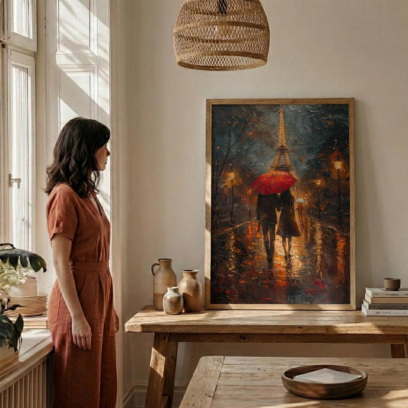 Paris Rainy Evening Poster, Red Umbrella Art - Anniversary Gift