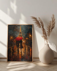 Paris Rainy Evening Poster, Red Umbrella Art - Anniversary Gift