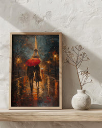 Paris Rainy Evening Poster, Red Umbrella Art - Anniversary Gift