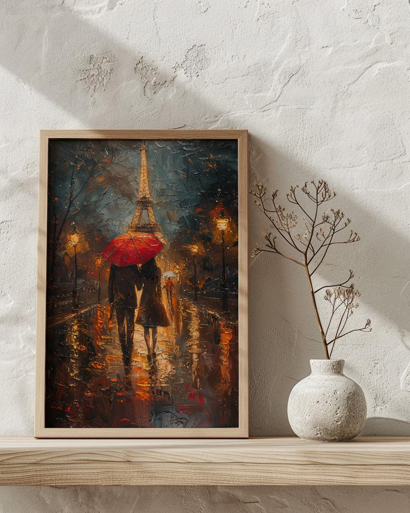 Paris Rainy Evening Poster, Red Umbrella Art - Anniversary Gift