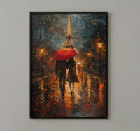 Paris Rainy Evening Poster, Red Umbrella Art - Anniversary Gift