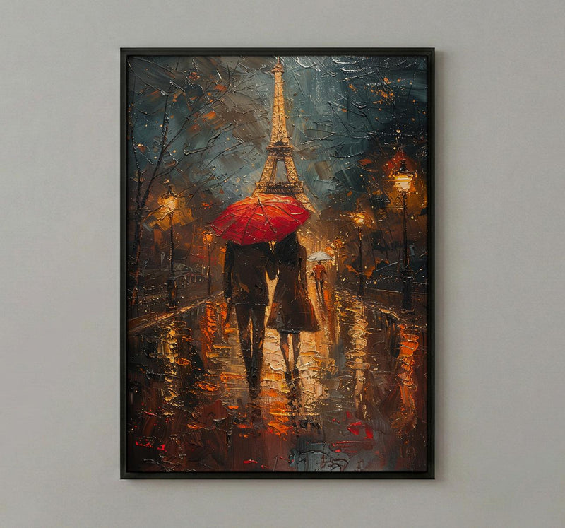 Paris Rainy Evening Poster, Red Umbrella Art - Anniversary Gift