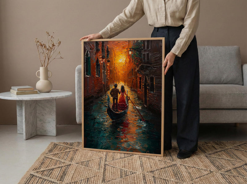 Venice Gondola Art Print, Romantic Canal Decor - Thick Oil Painting Style
