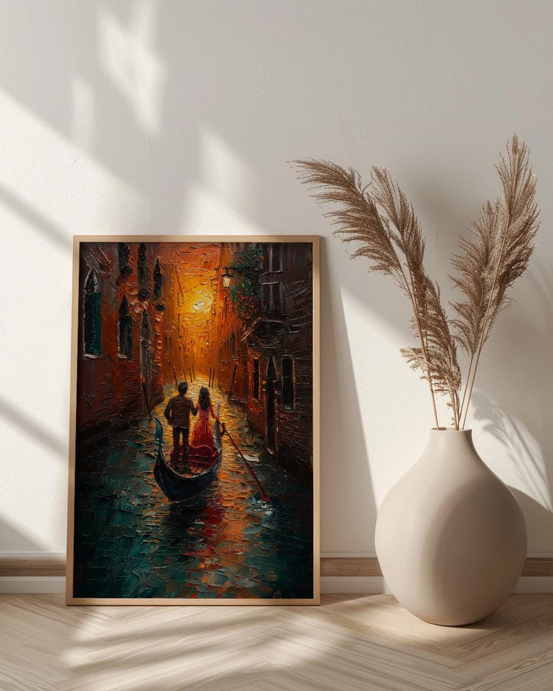 Venice Gondola Art Print, Romantic Canal Decor - Thick Oil Painting Style