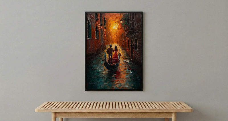 Venice Gondola Art Print, Romantic Canal Decor - Thick Oil Painting Style