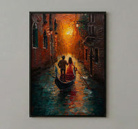 Venice Gondola Art Print, Romantic Canal Decor - Thick Oil Painting Style