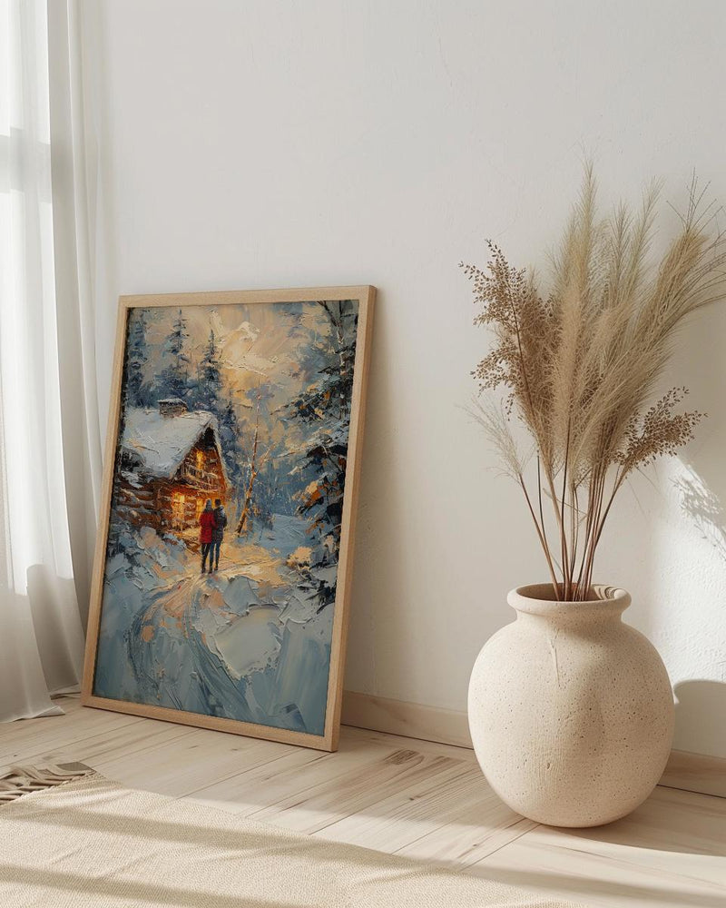 Winter Cabin Wall Art, Snowy Pine Forest Print - Anniversary Gift