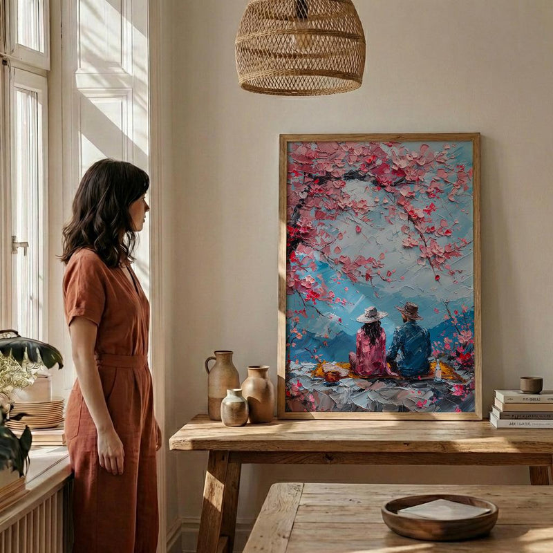 Cherry Blossom Picnic Art Print, Spring Couple Wall Decor - Newlywed Gift