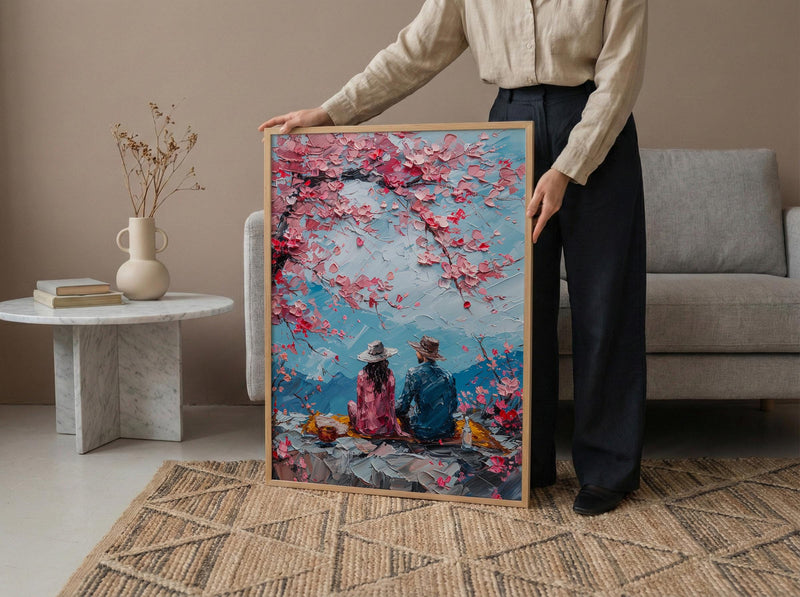 Cherry Blossom Picnic Art Print, Spring Couple Wall Decor - Newlywed Gift