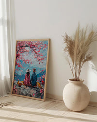 Cherry Blossom Picnic Art Print, Spring Couple Wall Decor - Newlywed Gift