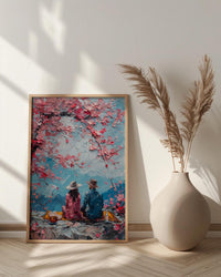 Cherry Blossom Picnic Art Print, Spring Couple Wall Decor - Newlywed Gift