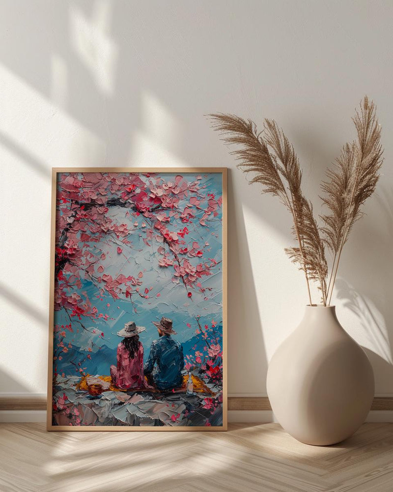 Cherry Blossom Picnic Art Print, Spring Couple Wall Decor - Newlywed Gift