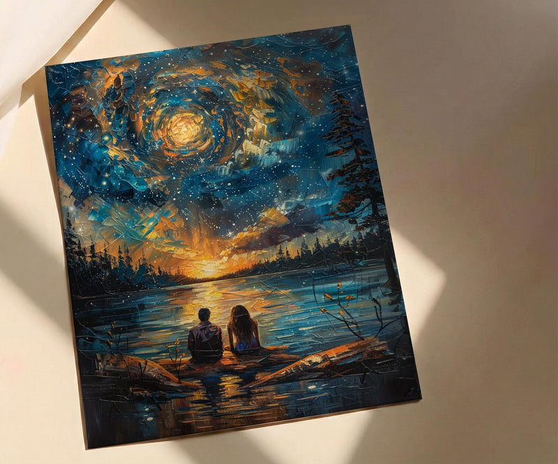 Stargazing Couple Poster, Night Sky Campfire Art - Anniversary Gift