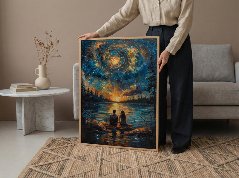 Stargazing Couple Poster, Night Sky Campfire Art - Anniversary Gift