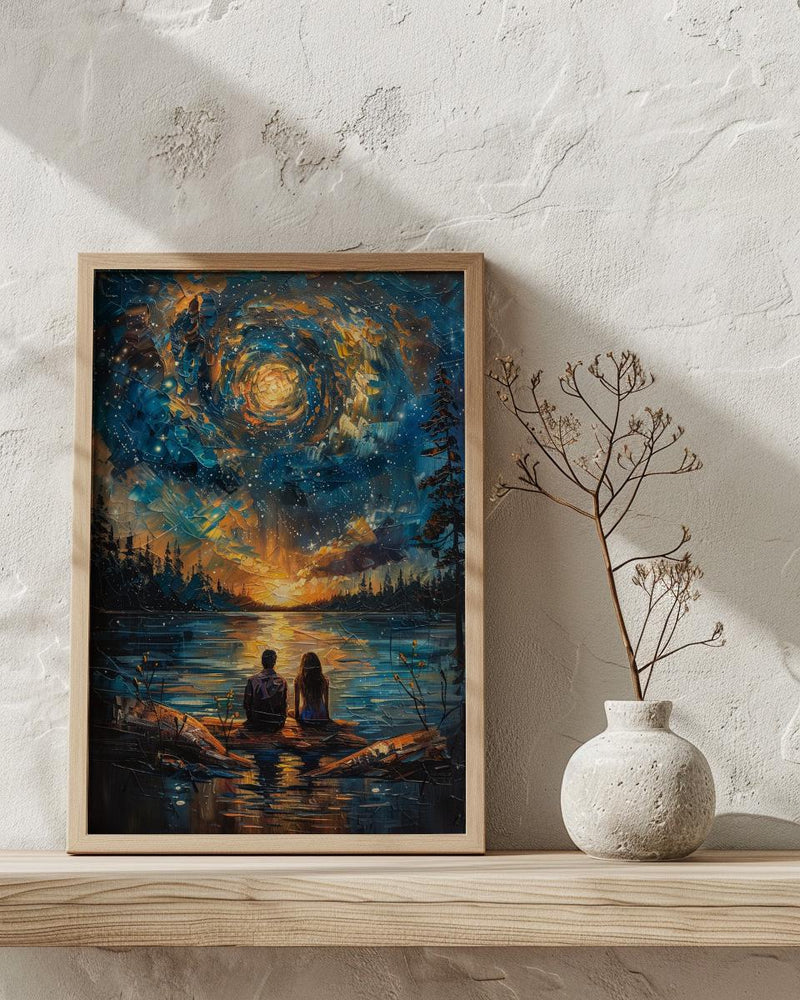 Stargazing Couple Poster, Night Sky Campfire Art - Anniversary Gift