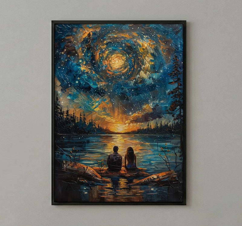 Stargazing Couple Poster, Night Sky Campfire Art - Anniversary Gift