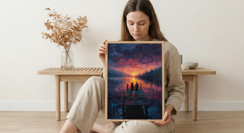 Lake Sunset Wall Decor, Peaceful Dock Romantic Art - Palette Knife Painting Style
