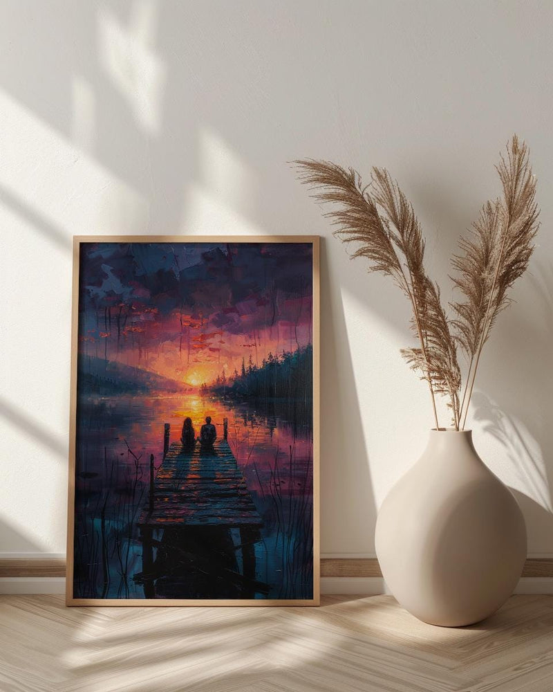 Lake Sunset Wall Decor, Peaceful Dock Romantic Art - Palette Knife Painting Style