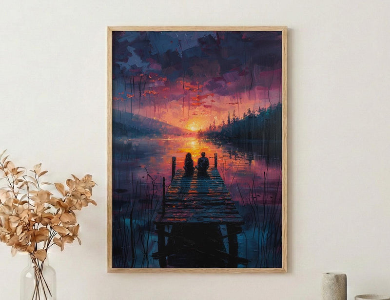 Lake Sunset Wall Decor, Peaceful Dock Romantic Art - Palette Knife Painting Style