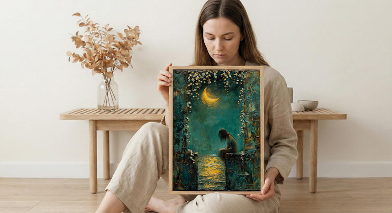 High Priestess Tarot Wall Decor, Crescent Moon Print - Palette Knife Painting Style
