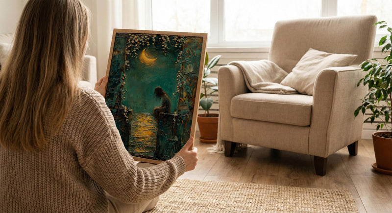 High Priestess Tarot Wall Decor, Crescent Moon Print - Palette Knife Painting Style