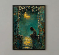 High Priestess Tarot Wall Decor, Crescent Moon Print - Palette Knife Painting Style