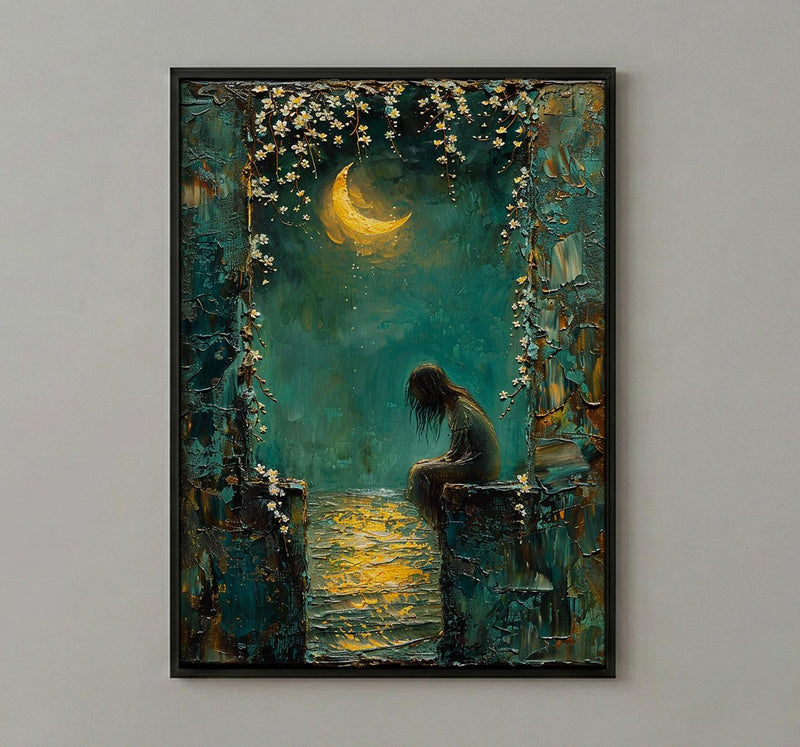 High Priestess Tarot Wall Decor, Crescent Moon Print - Palette Knife Painting Style