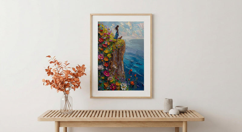 The Fool Tarot Poster, Spring Wildflower Cliff Art - Palette Knife Painting Style
