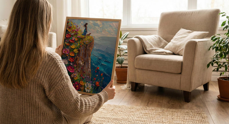 The Fool Tarot Poster, Spring Wildflower Cliff Art - Palette Knife Painting Style