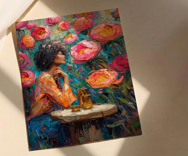 Nine of Cups Tarot Wall Decor, Pink Peony Spring - Thick Oil Painting Style