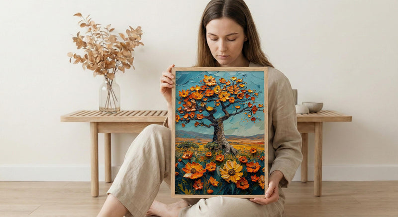 Baobab Tree African Savanna Art Print, Spring Nature Decor - Textured Impasto Oil Painting