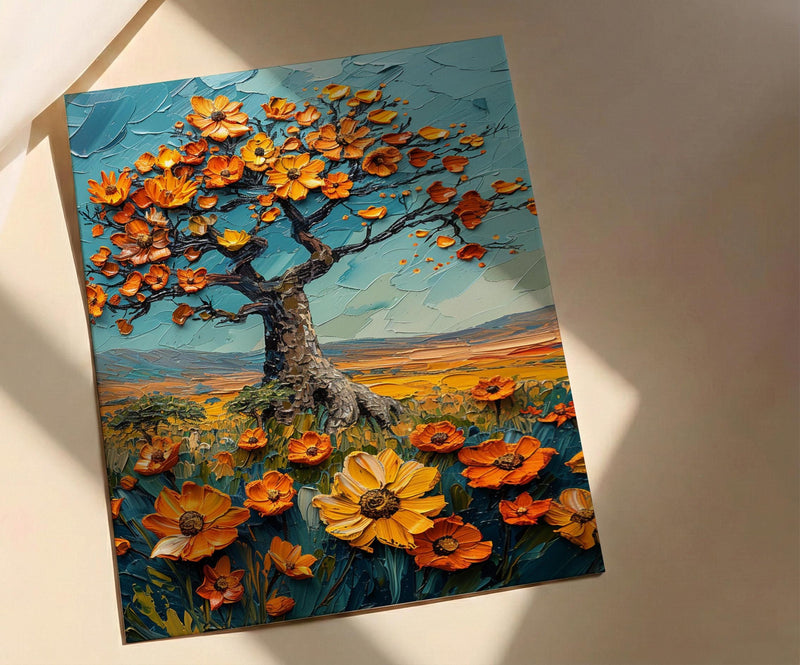 Baobab Tree African Savanna Art Print, Spring Nature Decor - Textured Impasto Oil Painting