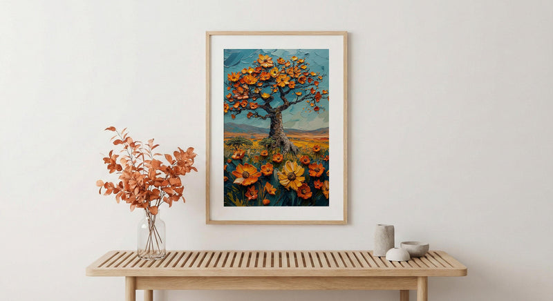Baobab Tree African Savanna Art Print, Spring Nature Decor - Textured Impasto Oil Painting