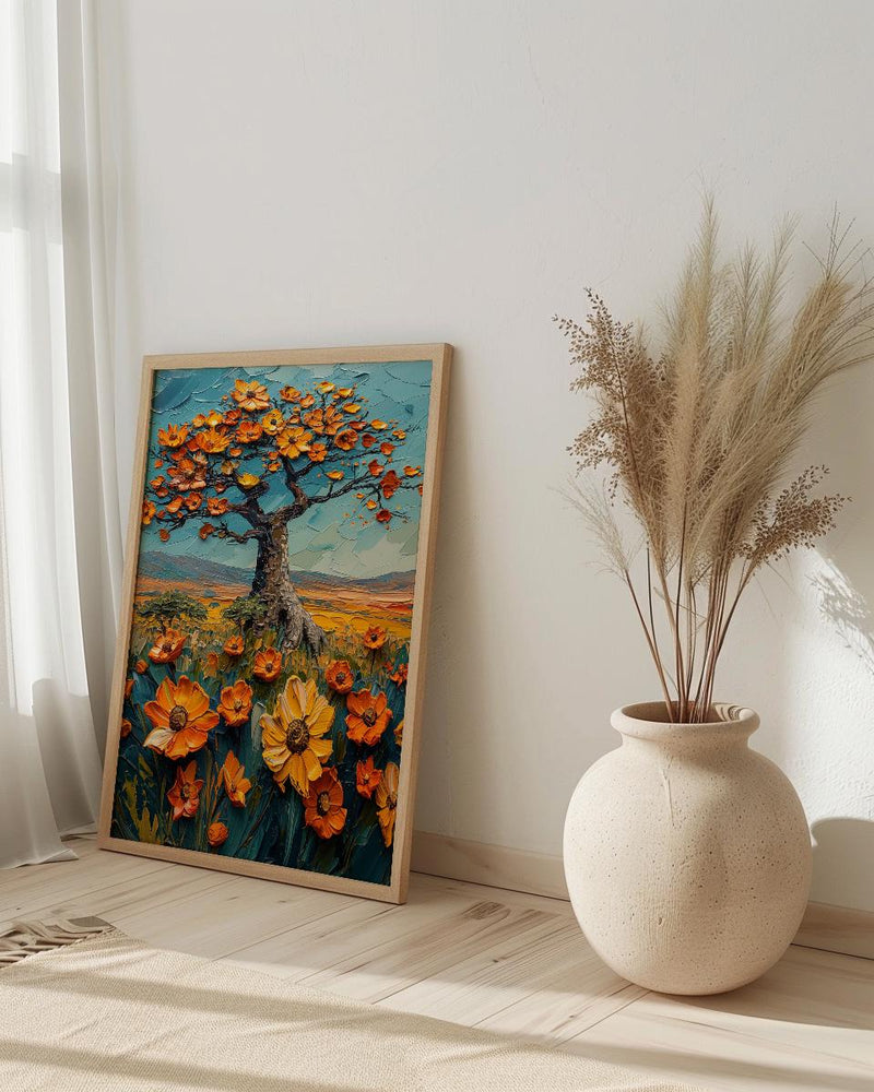 Baobab Tree African Savanna Art Print, Spring Nature Decor - Textured Impasto Oil Painting