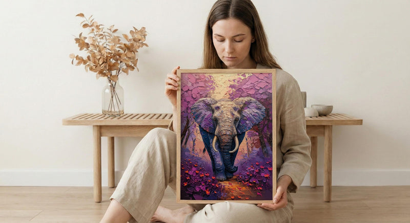 Elephant Jacaranda Tree Wall Art, Purple Floral African Decor - Textured Impasto Oil Painting