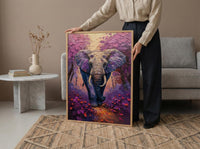 Elephant Jacaranda Tree Wall Art, Purple Floral African Decor - Textured Impasto Oil Painting