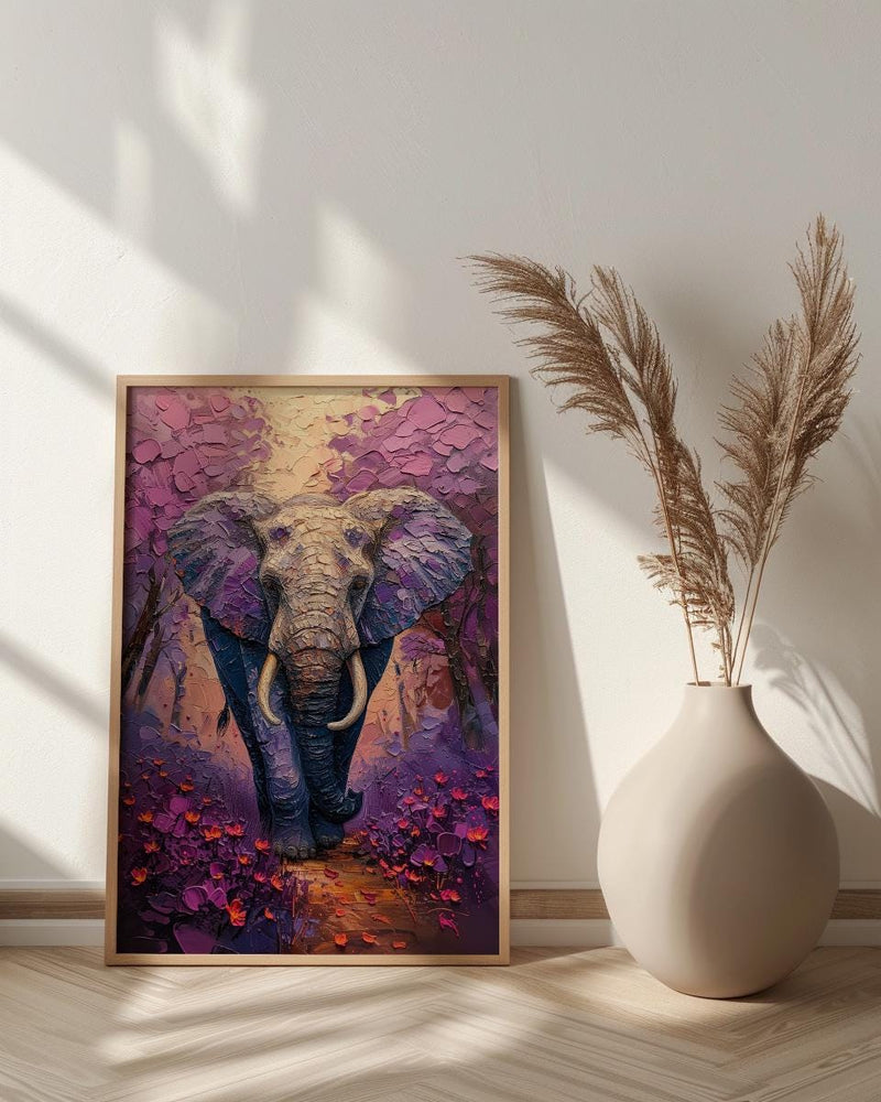 Elephant Jacaranda Tree Wall Art, Purple Floral African Decor - Textured Impasto Oil Painting