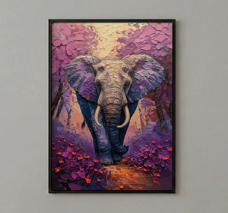 Elephant Jacaranda Tree Wall Art, Purple Floral African Decor - Textured Impasto Oil Painting